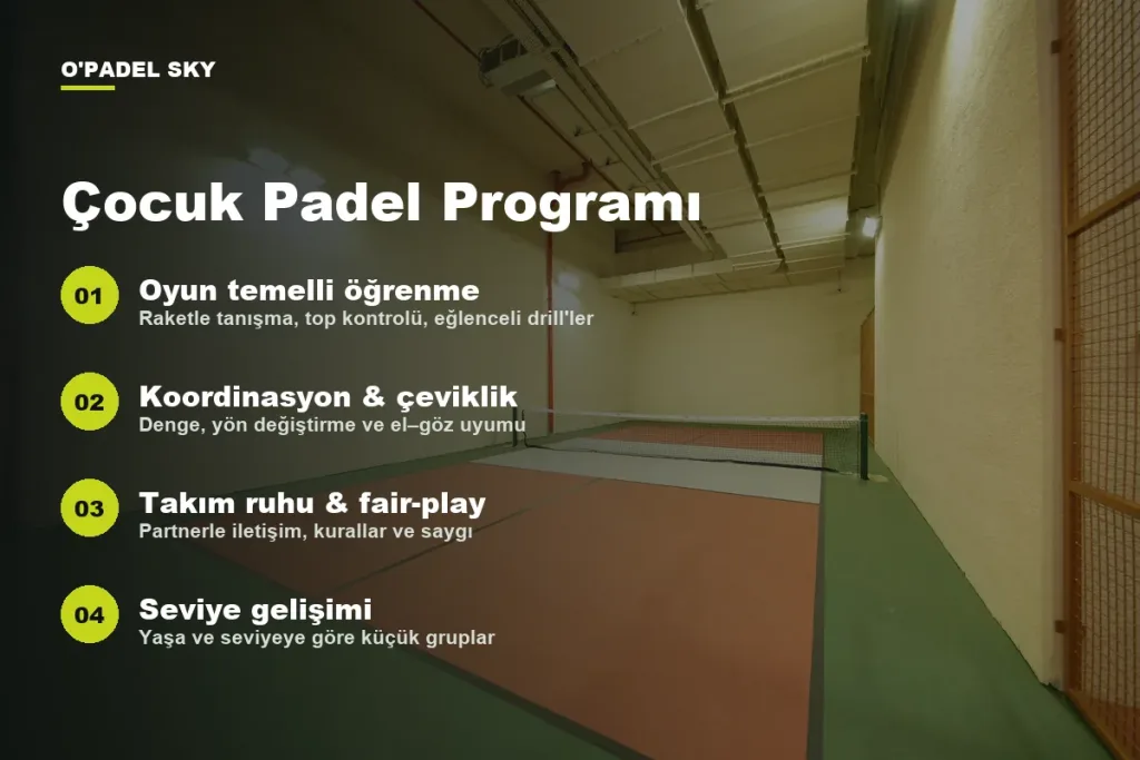 Çocuk Padel programı: oyun temelli öğrenme, koordinasyon, fair-play ve seviye gelişimi